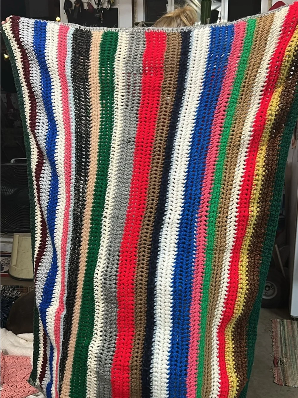 Handmade Multi-Color Striped Crochet lap Blanket 61 x 45”